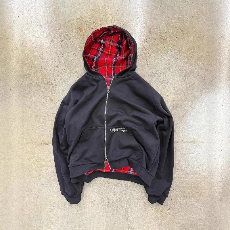 Harajuku Y2K Men's Hoodie Tracksuit Autumn Winter Two-Way Wear Plaid Zip Up Sweatshirt Casual Streetwear Retro Fashion New Style