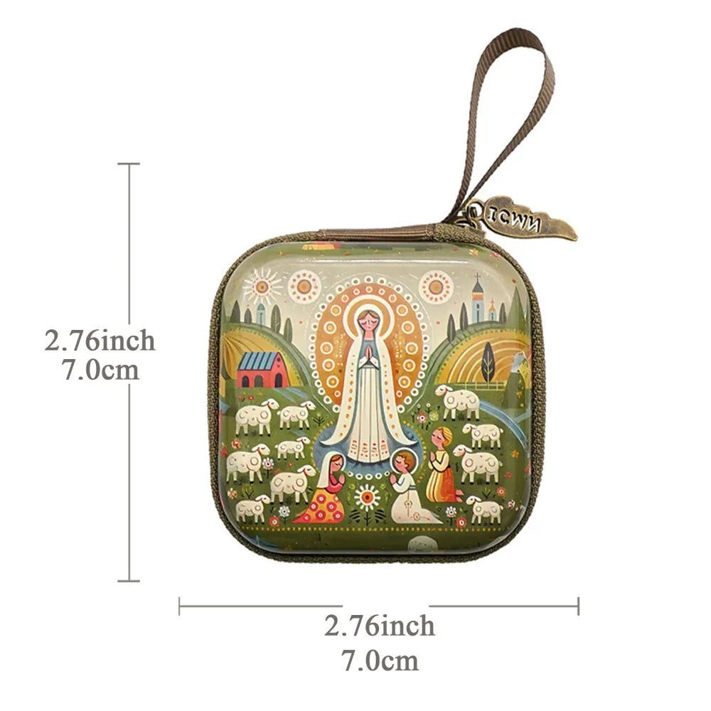 Portable Virgin Mary Prayer Rosary Storage Bag 7x7cm Zippered Religious Articles Cartoon Elegant Prayer Kit Devotees