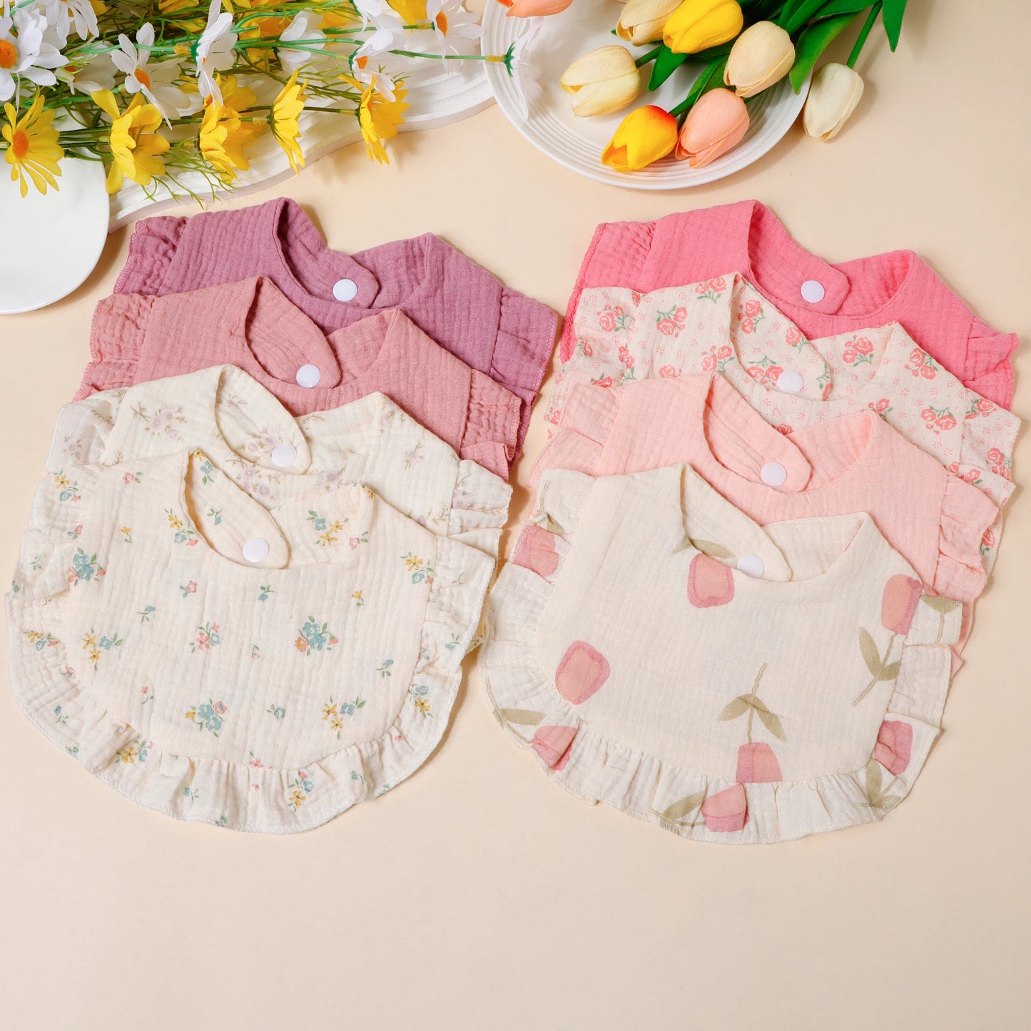 4pcs/set Children Bib Set Cotton Muslin Toddler Baby Comfort Saliva Color Dorp Shape Towel Solid With Button Kid Bibs