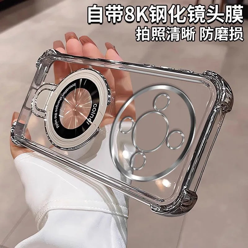 For Honor Magic 8 Lite X9D X70 Case Magnetic Holder Luxury Plating Airbag Soft Silicone Transparent Camera Protection Back Cover
