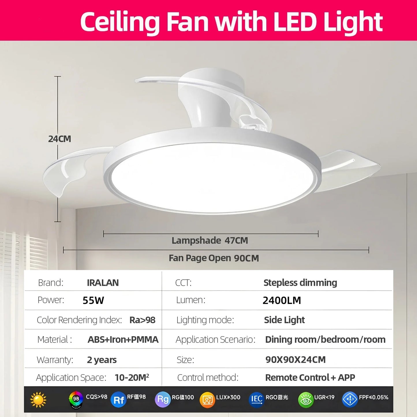 IRALAN Ceiling Lights with Fan Smart Retractable Fan Blade Home Electric Fan Dimmable with Remote Control Led Living Room Light