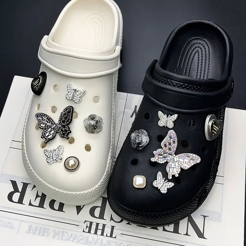 Sparkling Butterfly Flower Pearl Shoe Charms for Crocs Black White Set Clogs Pins Slipper Accessories Garden Sandals Girl Gift