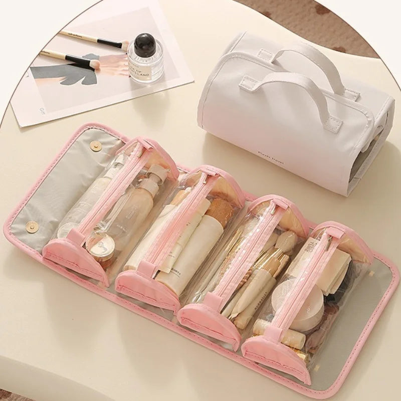 Foldable Leather Travel Cosmetic Bag Large Capacity Portable Women Makeup Case Waterproof Toiletry Makeup Organizer Storage Bag