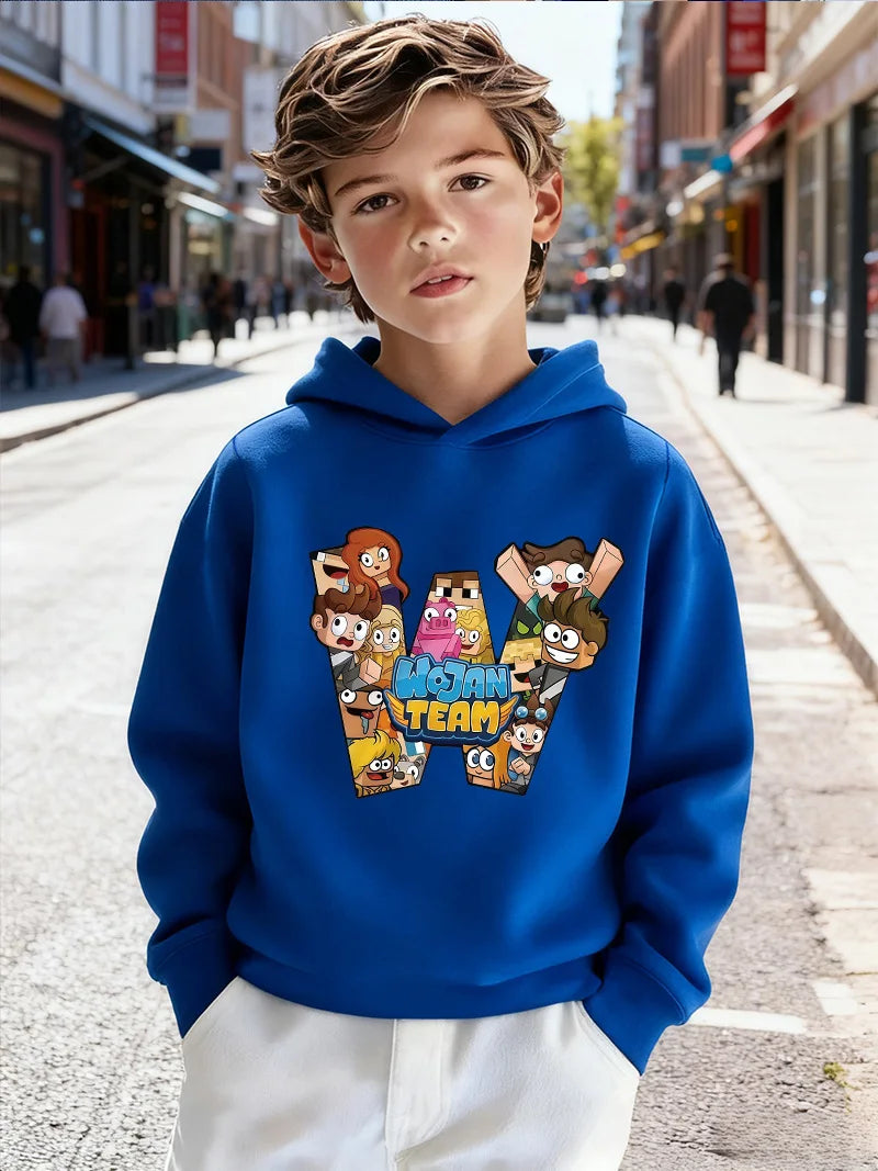 2026Kids'Wojan team character pattern children's hooded sweatshirt, suitable for daily wear in autumn and winter
