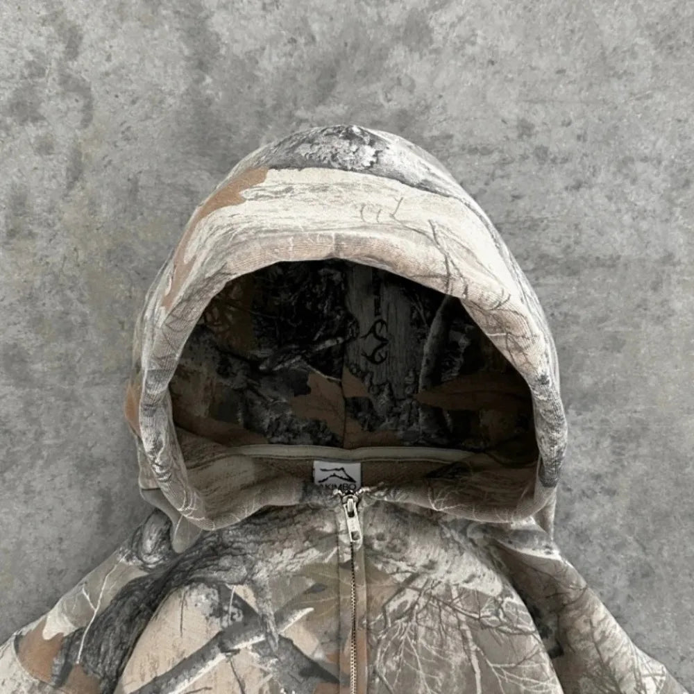 Sweatshirt Hoodie Y2K Retro zip up Camouflage Pattern zipper High Street Hip Hop Streetwear Oversized Unisex Camo Hoodie