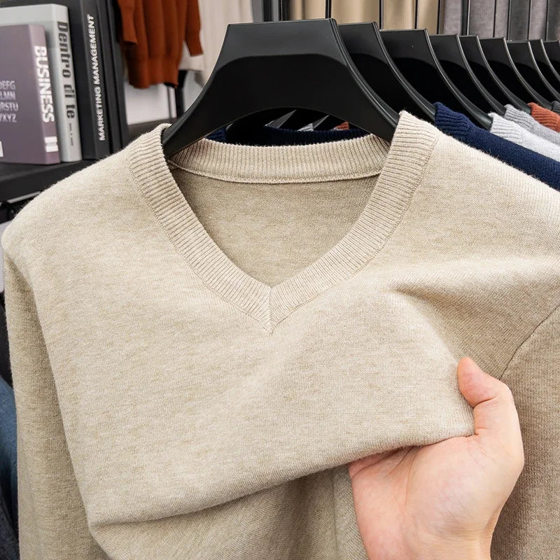 2026 Men's V-Neck Basic Solid Color Sweatshirt Warm Autumn Knitted Oversize Pullover Elastic round Neck Sweater for Casual Wear