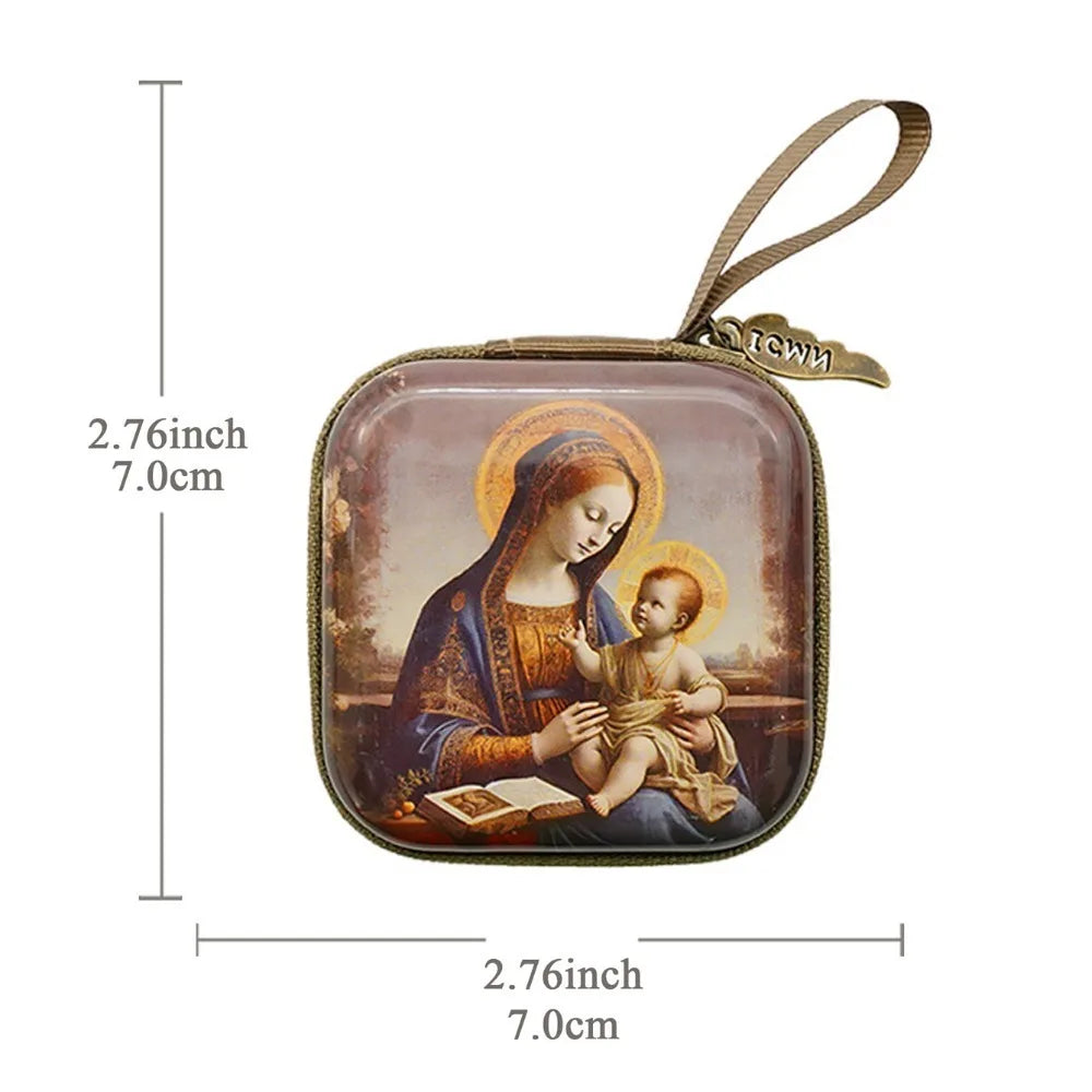 Portable Virgin Mary Prayer Rosary Storage Bag 7x7cm Zippered Religious Articles Cartoon Elegant Prayer Kit Devotees