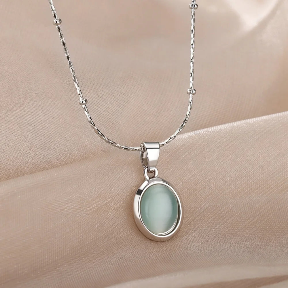 Trendy Oval Colorful Stone Necklace For Women Stainless Steel Gold Color Green Opal Stone Pendant Necklace Aesthetic Jewelry Gif