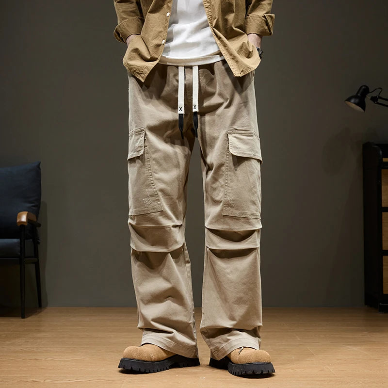 Baggy Wide-leg Cargo Pants Men's 100% Cotton Multi-pocket Splicing Outdoor Loose Straight Autumn Trousers Fashion Streetwear