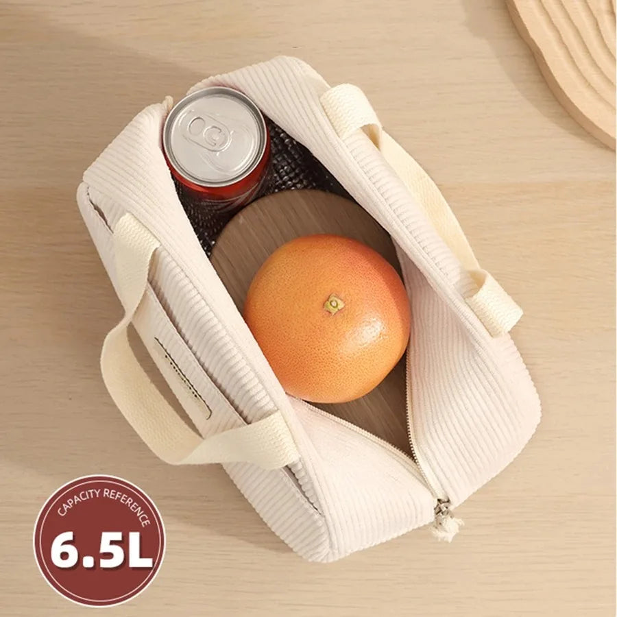 Portable Corduroy Lunch Bags Thermal Insulation Lunch Box Cute Print Women Lunch Storage Bag Picnic Bento Large Capacity Handbag