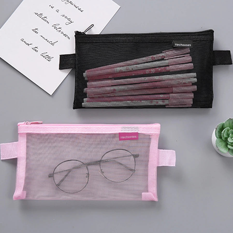Solid Color Coin Purse Makeup Handbags Stationery Transparent Grid Cosmetic Storage Mesh Pen Bag Zipper Pencil Case