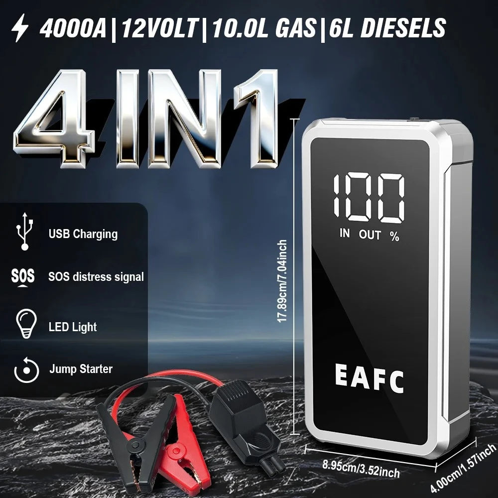 EAFC Portable Car Battery Starter 1000A/ 2000A /4000A JumpStarter Device12V Car Power Bank Booster Buster LED Emergency Light