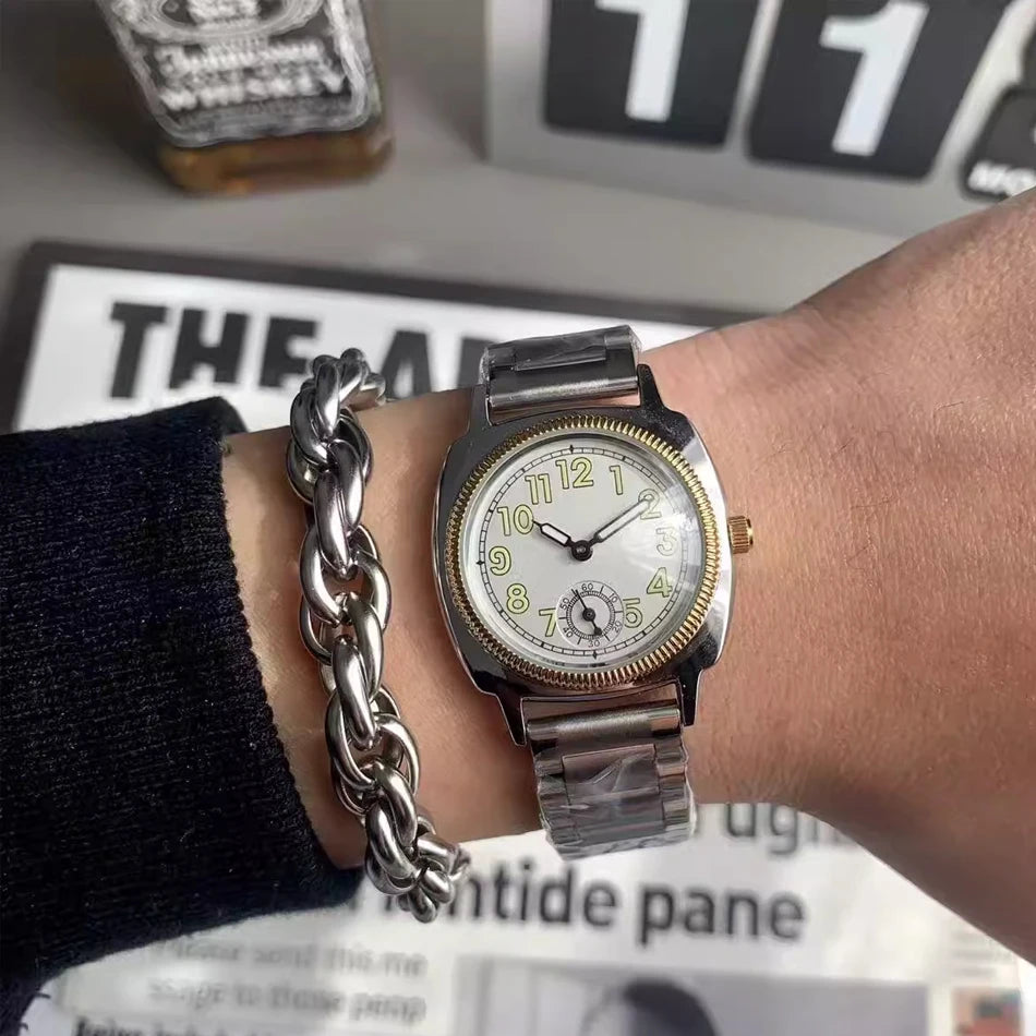 Simple Watch Stainless Steel Strap Handmade Distressed Vintage Style Waterproof Quartz Square Men's and Women's Watches