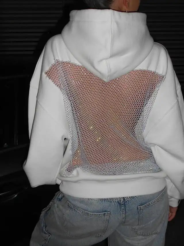 Hot Sweet Sparkling Rhinestone Mesh Transparent Hoodie Y2K Womens Fashion Sexy Backless Oversized Hoodie Casual Pullover Tops