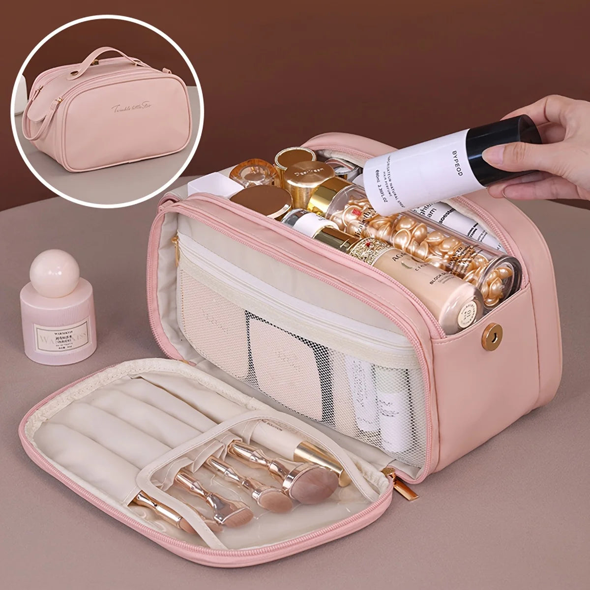 Multifunctional Makeup Bag For Women PU Leather Large Capacity Portable Double Zipper Travel Makeup Brush Toiletries Storage Bag