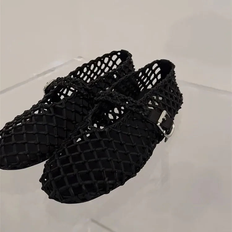 2025 Summer Ballet Shoes Women's Mary Jane Shoes Women's Flat Bottom Mesh Fishing Net Hollow Single Shoes Sandals