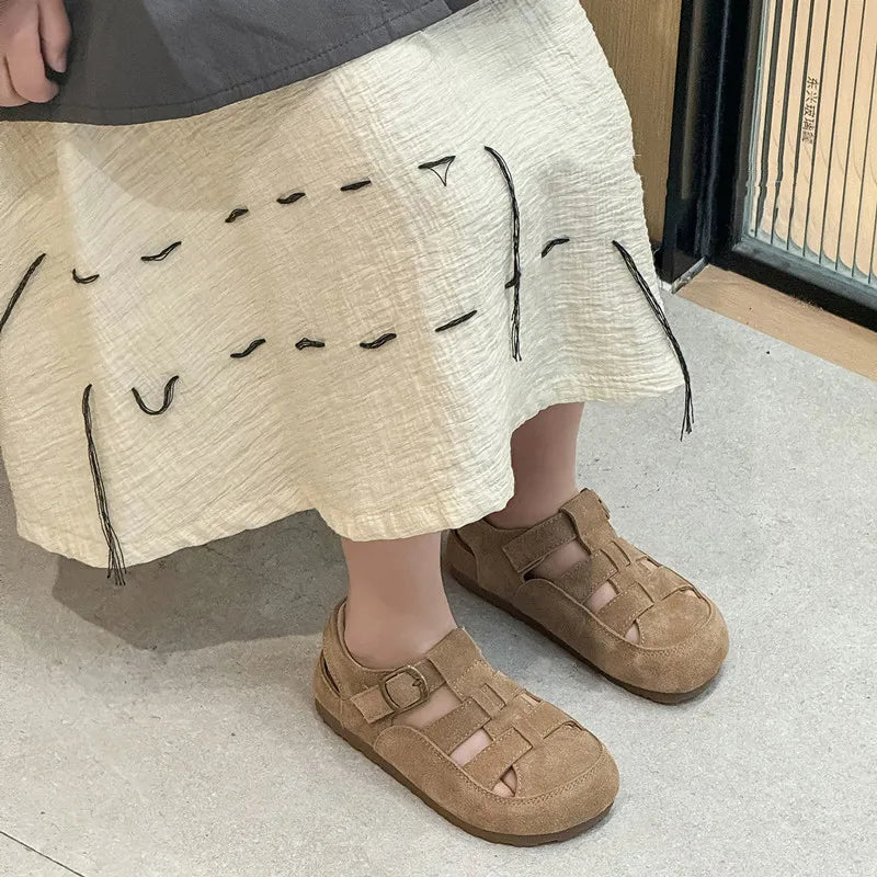 Children' Simple Elegant Baotou Sandals 2026 Summer New Product Genuine Leather Casual Comfortable Single Shoes Boys Girls Suede