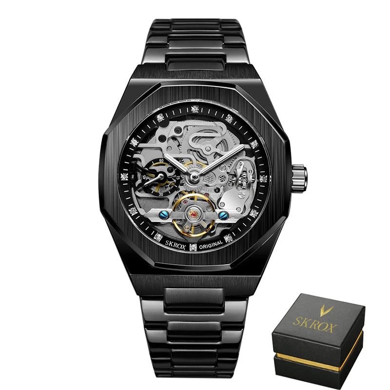 2024SKROX Luxury Gold Diamond Octagonal Automatic Clock Man Watch Elegant Stainless Steel Skeleton Mechanical Male Wrist Watches