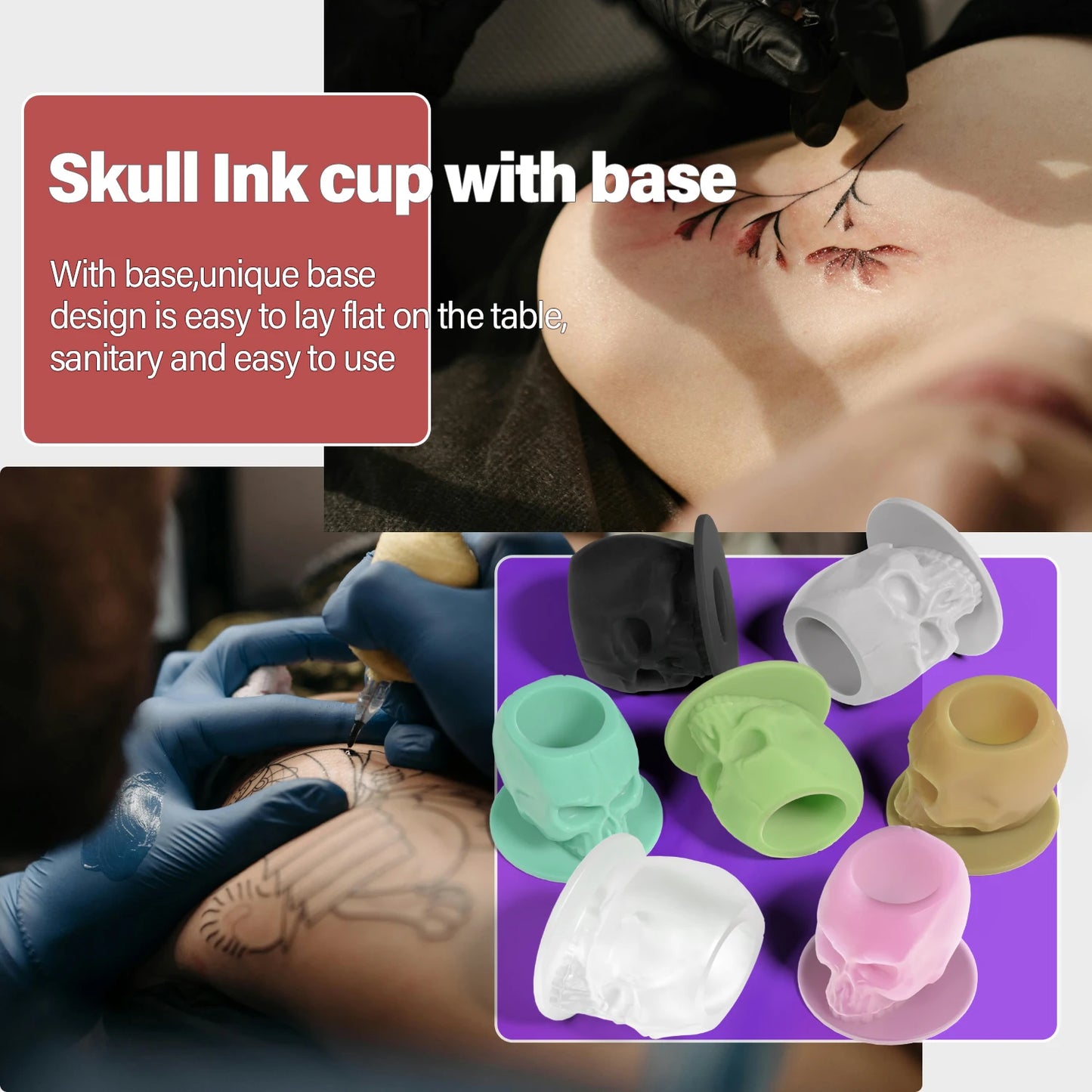 200Pcs Disposable Tattoo Silicone Skull Ink Cup Permanent Makeup Pigment Holder Container Cap Tattoo Ink Accessories for Artist