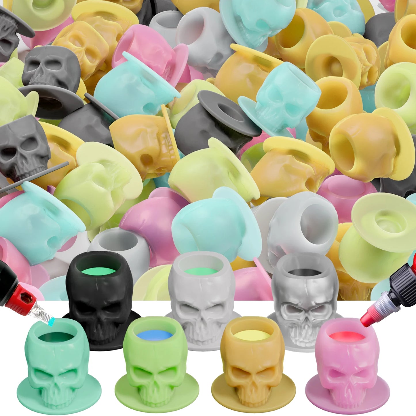 200Pcs Disposable Tattoo Silicone Skull Ink Cup Permanent Makeup Pigment Holder Container Cap Tattoo Ink Accessories for Artist
