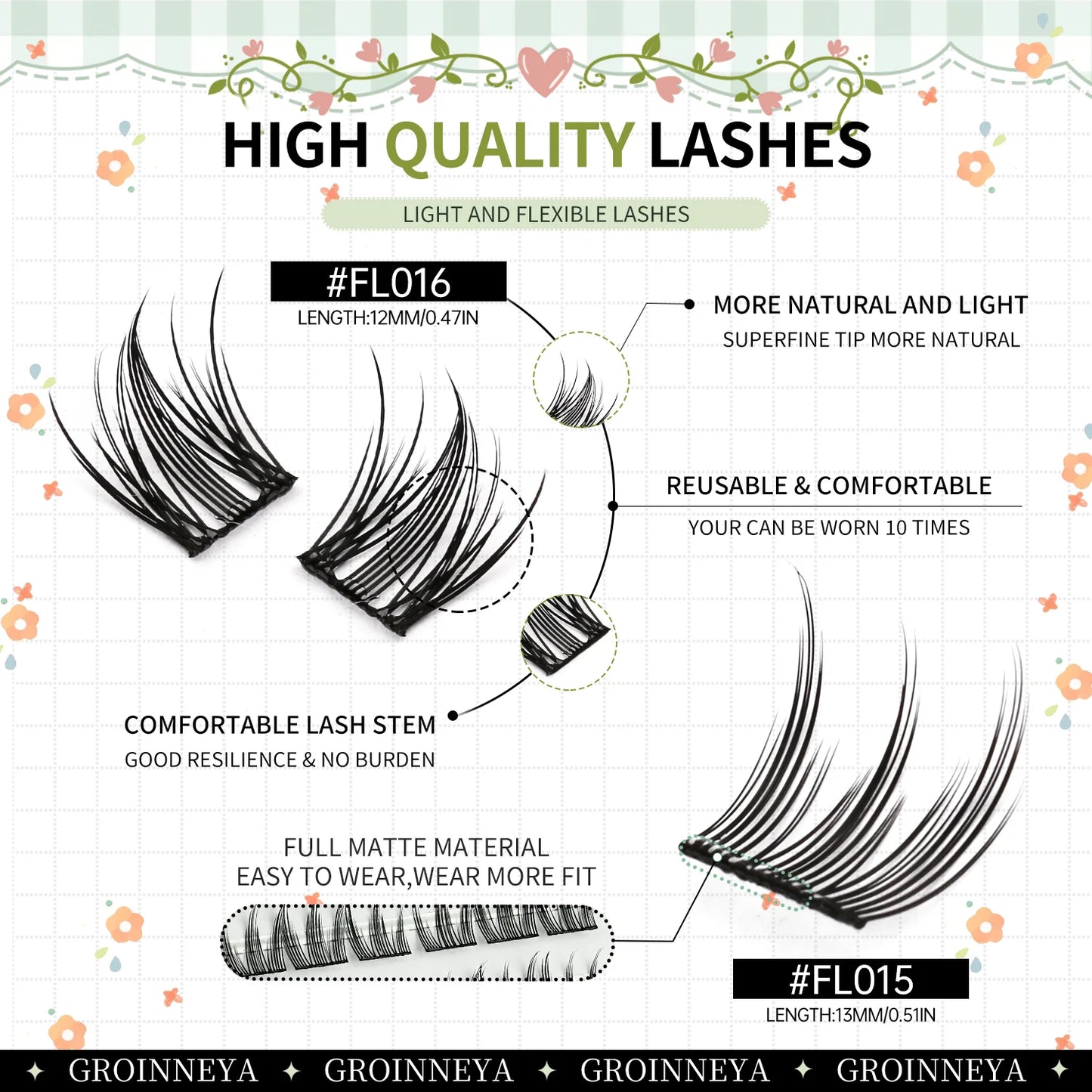 GROINNEYA Manga Cluster Lashes DIY Eyelash Extension Natural Individual Lashes Natural Curl Lash Clusters Makeup At Home