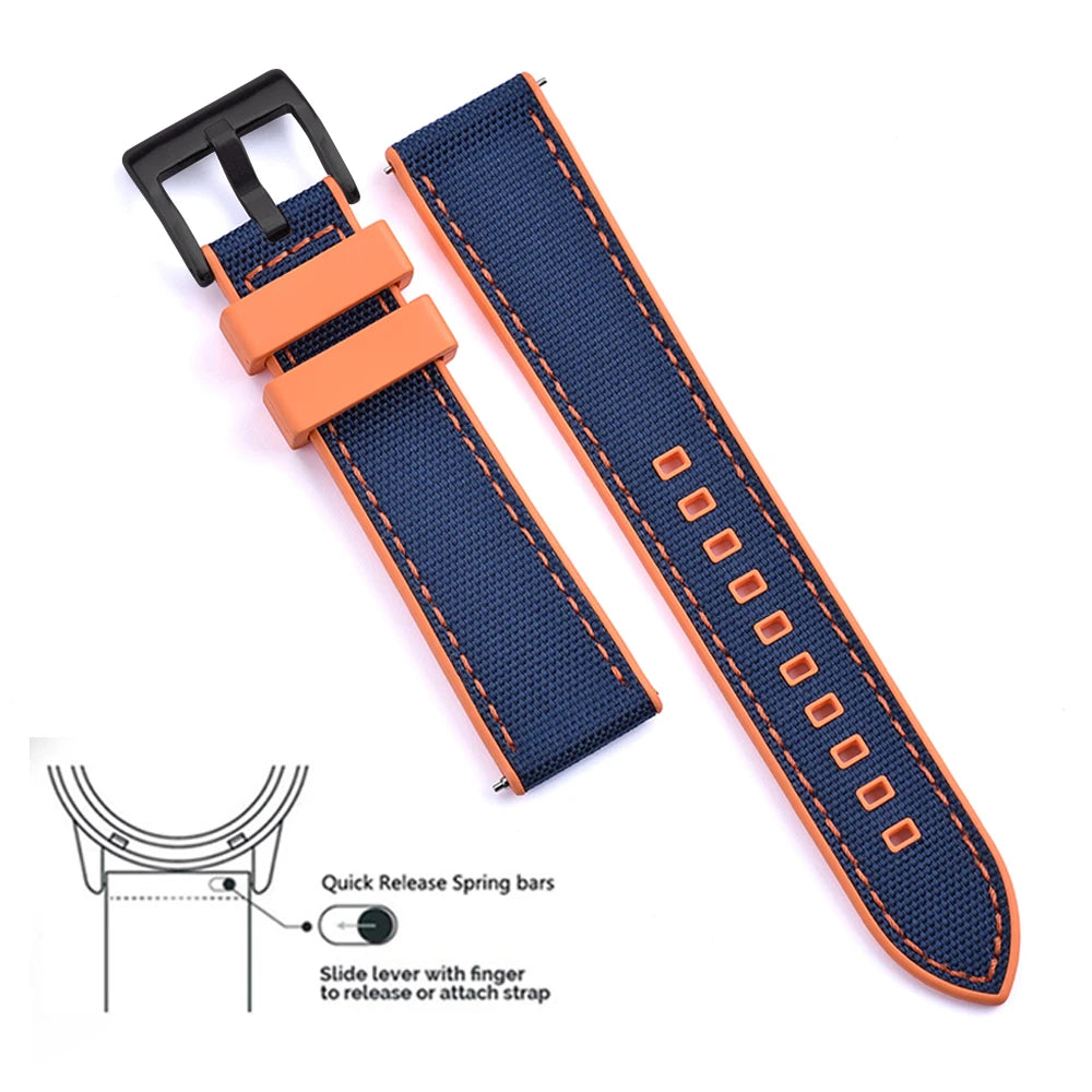 High Quality FKM Canvas Watch Strap 20mm 22mm Hybrid Fluoro Rubber Nylon Watchbands Quick Release For Each Brand Diving Watches