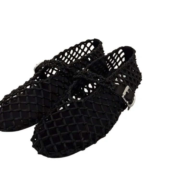2025 Summer Ballet Shoes Women's Mary Jane Shoes Women's Flat Bottom Mesh Fishing Net Hollow Single Shoes Sandals