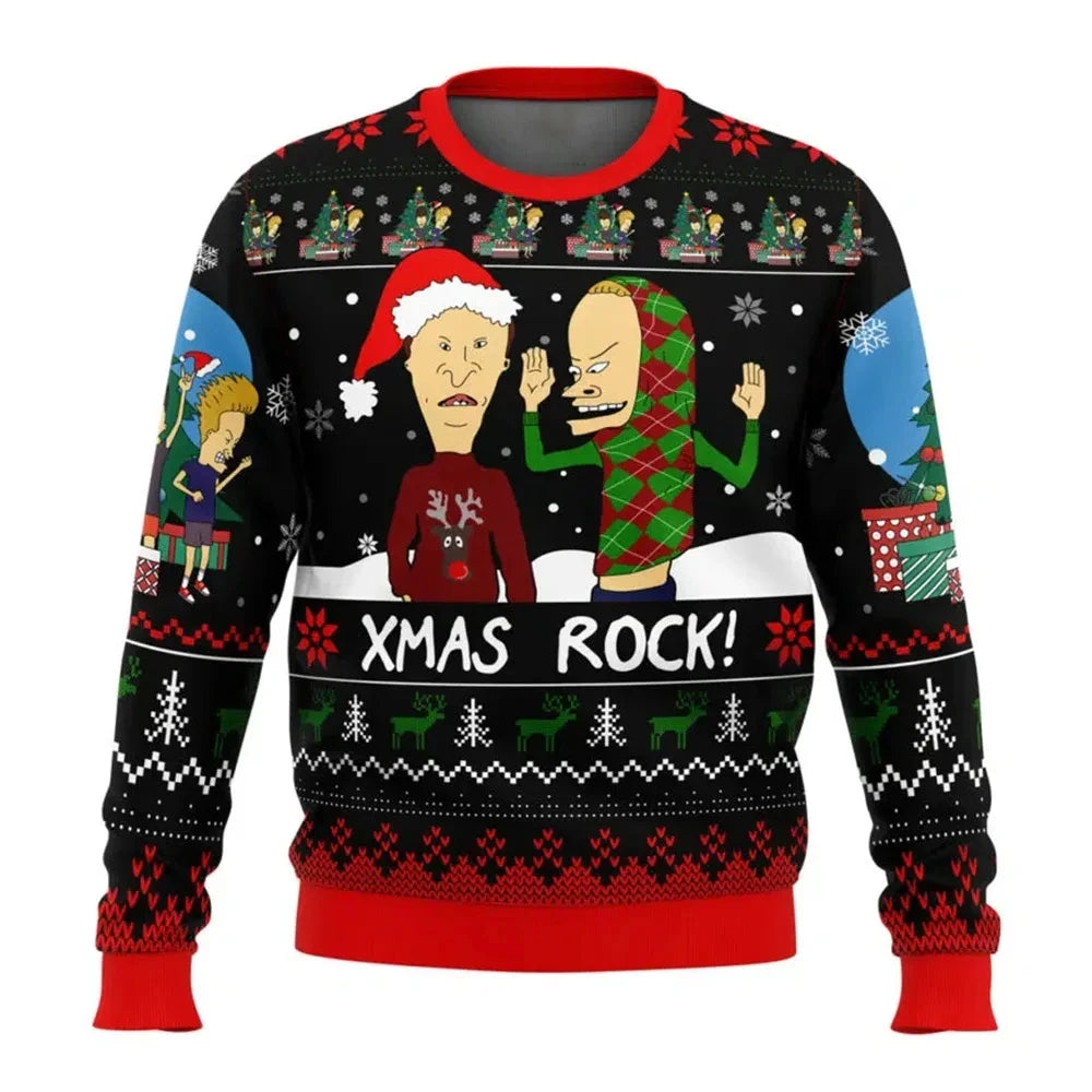 Xmas Rock Beavis and Butthead Ugly Christmas Sweater Cartoon Anime Women Men Pullover Tops New Fashion Couple Hoodie Sweatshirt