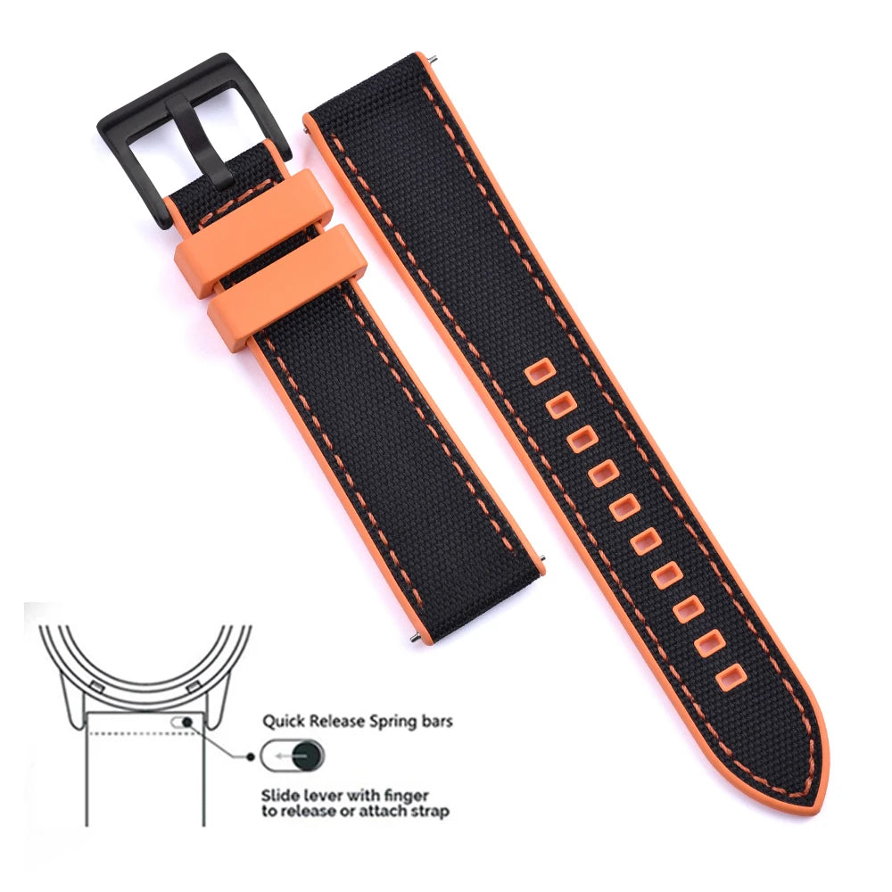 High Quality FKM Canvas Watch Strap 20mm 22mm Hybrid Fluoro Rubber Nylon Watchbands Quick Release For Each Brand Diving Watches
