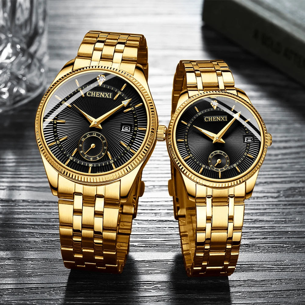 CHENXI Fashion Couple Golden Watches Casual Men and Women Quartz Watch Stainless Steel Luminous Calendar Waterproof Wristwatch