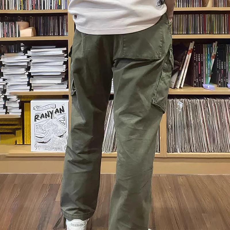 Men's vintage British Royal Navy pants, pure cotton tapered cargo pants, all-season casual large-pocket straight-cut long pants