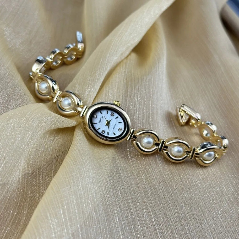 Fashion Women Watch Vintage Pearl Inlaid Strap Bracelet Watch Luxury Gift Ladies Quartz Watches Oval Dial Wristwatches