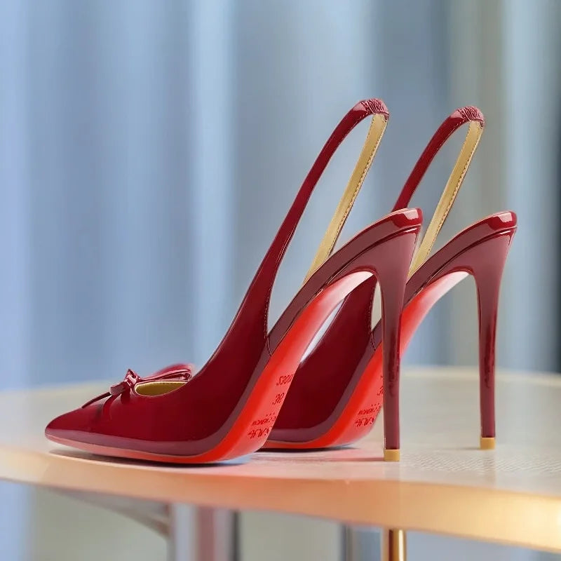 2025new black nude wine red patent leather pointed small bow back empty style plus size red bottom socialite high-heeled sandals
