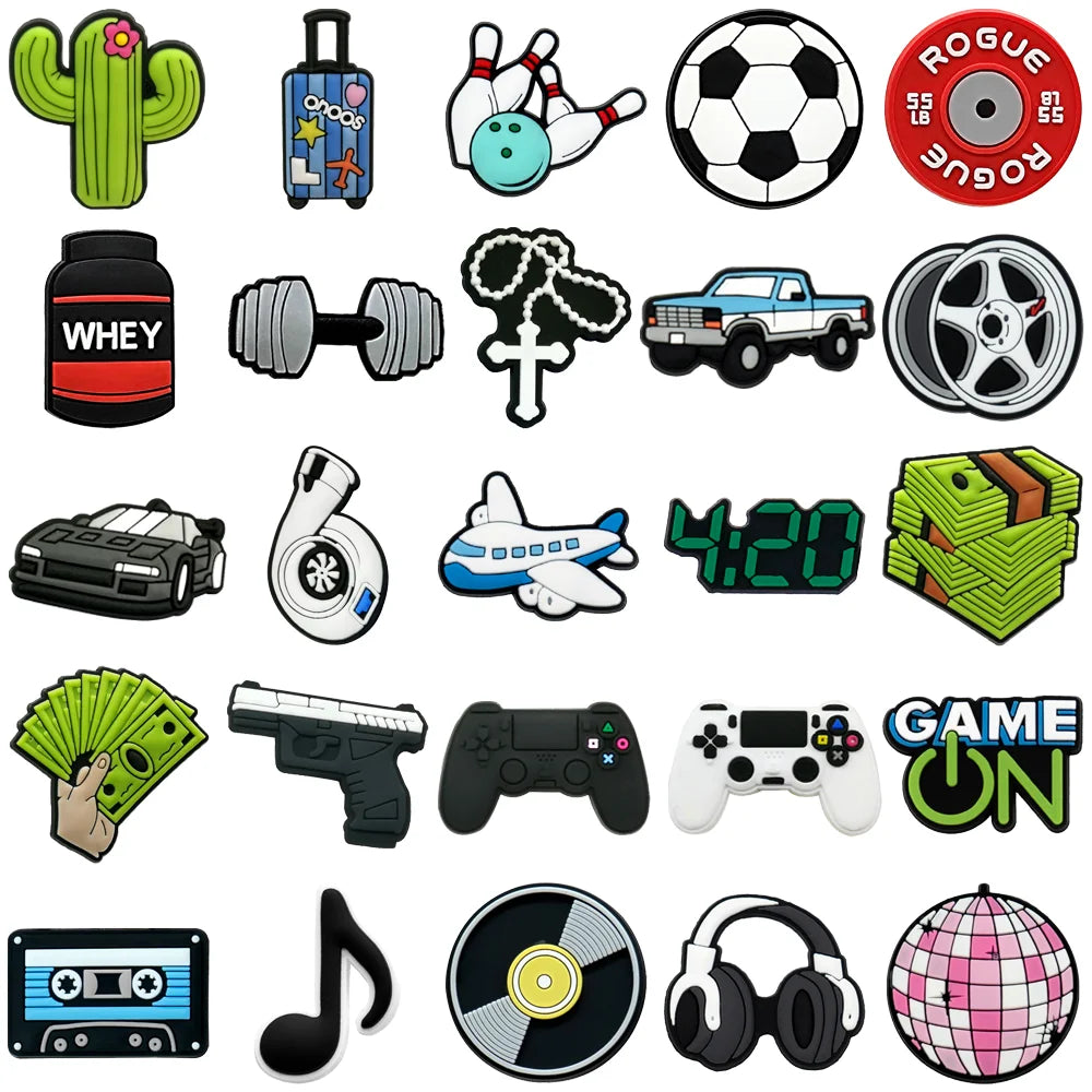 1/25PCS Cactus Shoe Accessories, Dumbbell and Bowling Shoe Charms for Boys, Cross Car Pins for Decoration Sandals