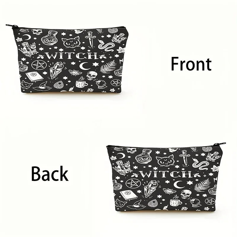1pc Chic Skull Print Makeup Bag Linen Fabric Travel Cosmetic Pouch with Zipper And Toiletry Organizer for Women