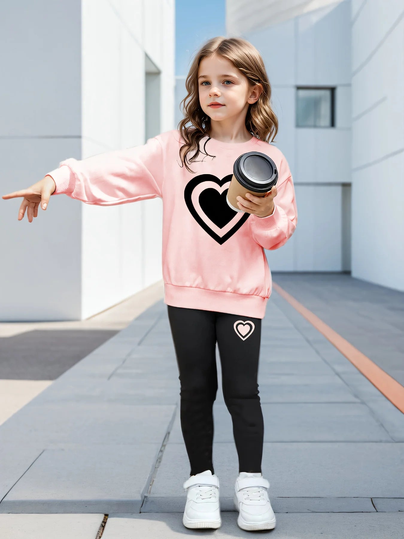 Children's Clothing Girls 2Pcs Cartoon Love Print Fashion Casual Long-Sleeved Sweatshirts and Leggings Pink Sweatshirt with Black Pants Set