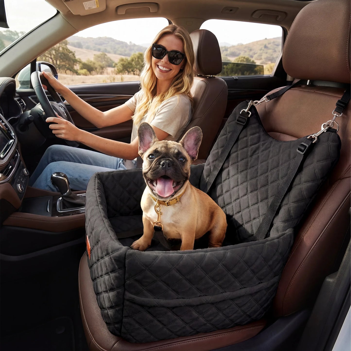 Dog Car Seat for Small Medium Dogs, Memory Foam Pet Travel Bed, Non-Slip Cushion with Safety Belts & Side Storage, Under 35lbs