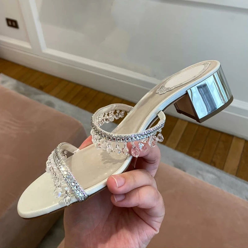 2024 Women's Summer New Rhinestone Strap Sandals Block Heel Crystal Open Toe Sandals Mid Heel