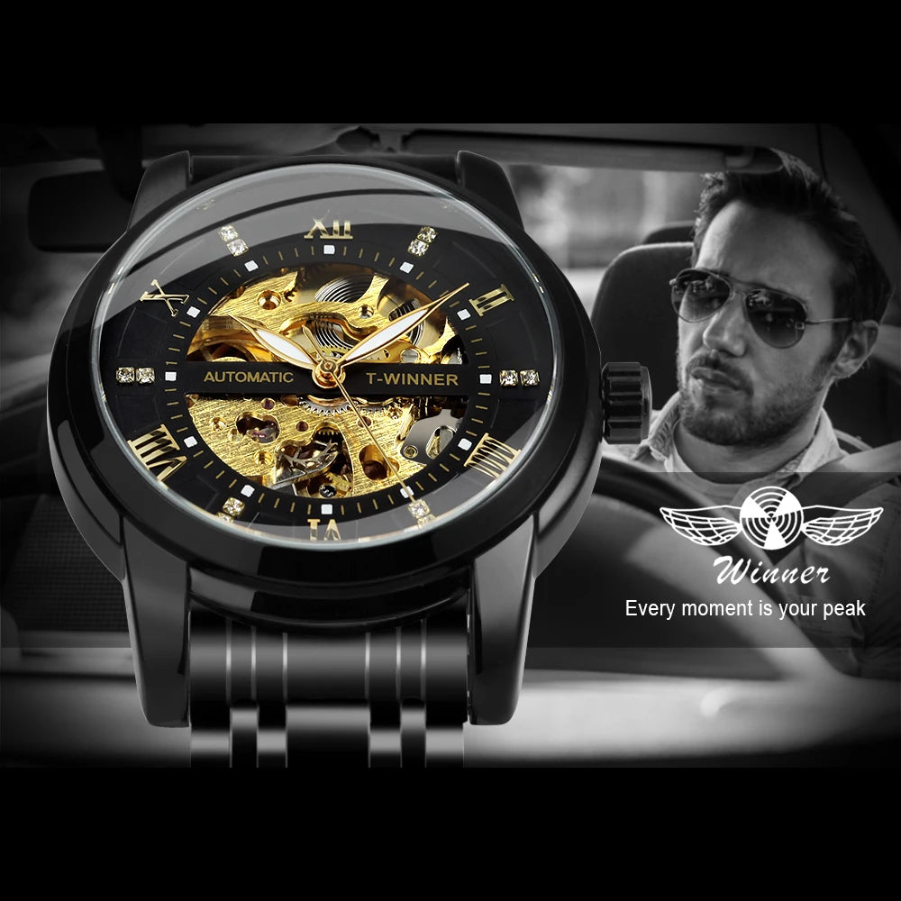 WINNER Gold Black Mechanical Watches Classic Retro Iced Out Skeleton Automatic Watch for Men Stainless Steel Band Luminous Hands