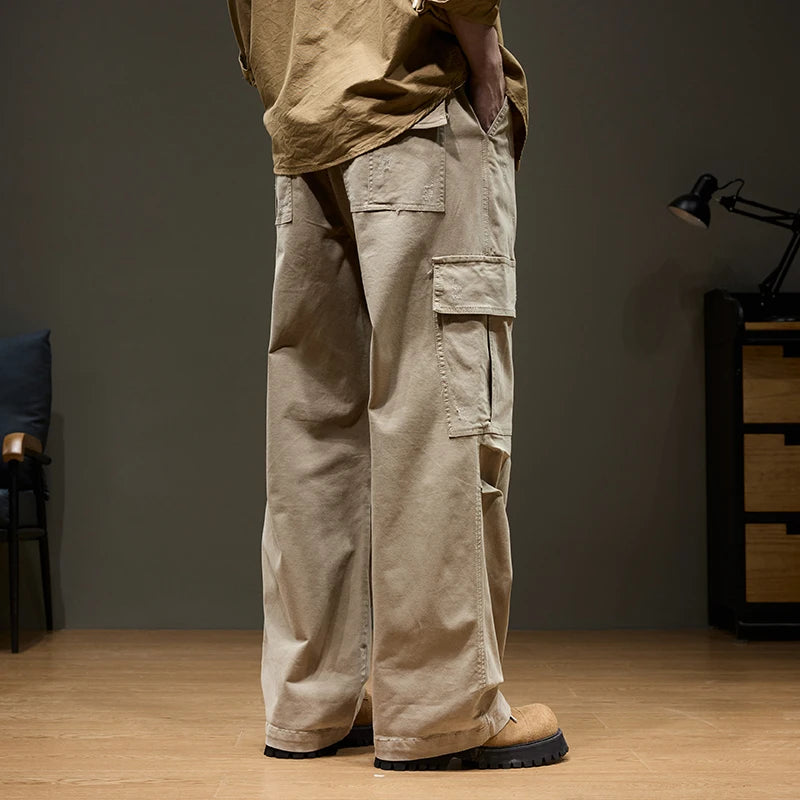 Baggy Wide-leg Cargo Pants Men's 100% Cotton Multi-pocket Splicing Outdoor Loose Straight Autumn Trousers Fashion Streetwear