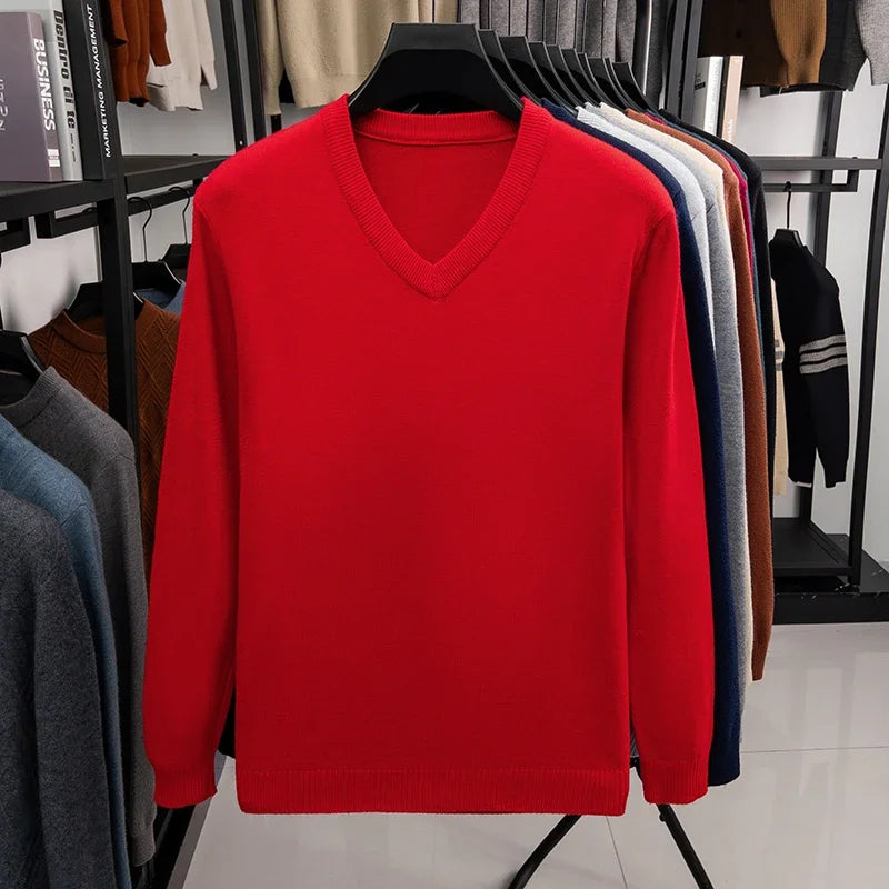 2026 Men's V-Neck Basic Solid Color Sweatshirt Warm Autumn Knitted Oversize Pullover Elastic round Neck Sweater for Casual Wear
