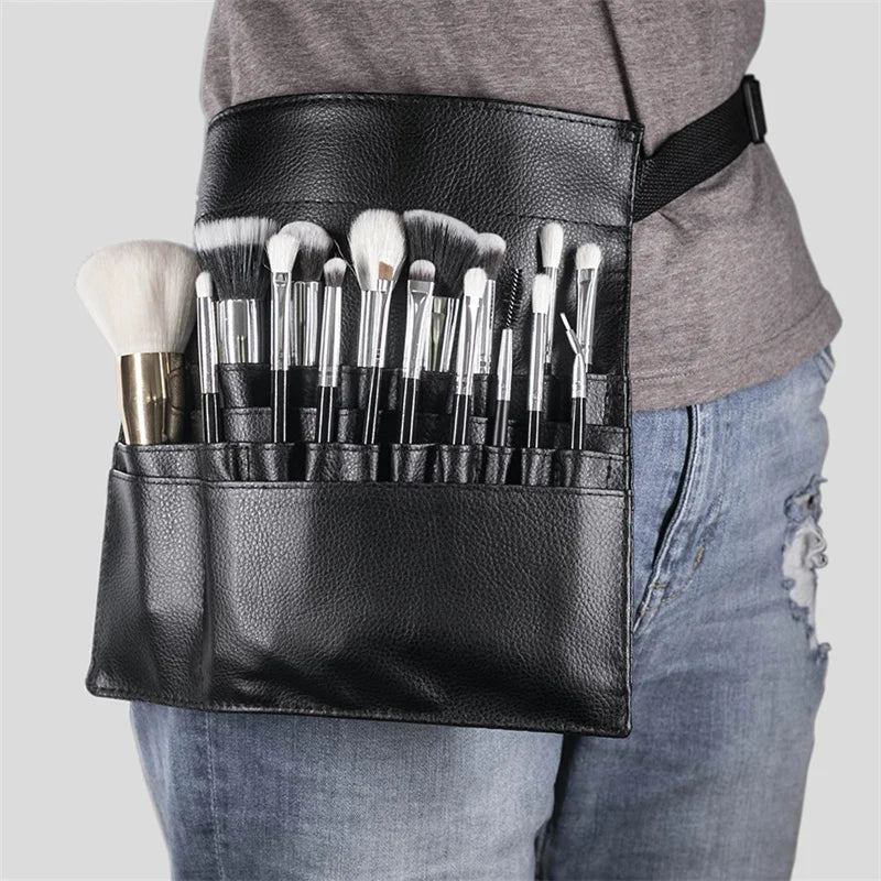 Multi-function Black PU Leather Cosmetic Bag Waist Bag Makeup Brush Bag With Belt For Professional Makeup Artist Large Capacity