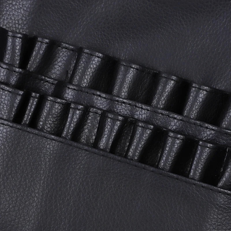 Multi-function Black PU Leather Cosmetic Bag Waist Bag Makeup Brush Bag With Belt For Professional Makeup Artist Large Capacity