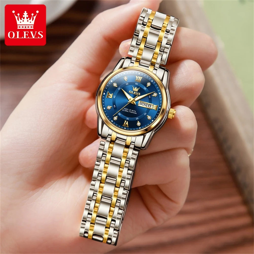 OLEVS Women's Watches Fashion Gold Original  Stainless Steel Waterproof Luminous Wrist Watch Date Classic Elegant Ladies Watch