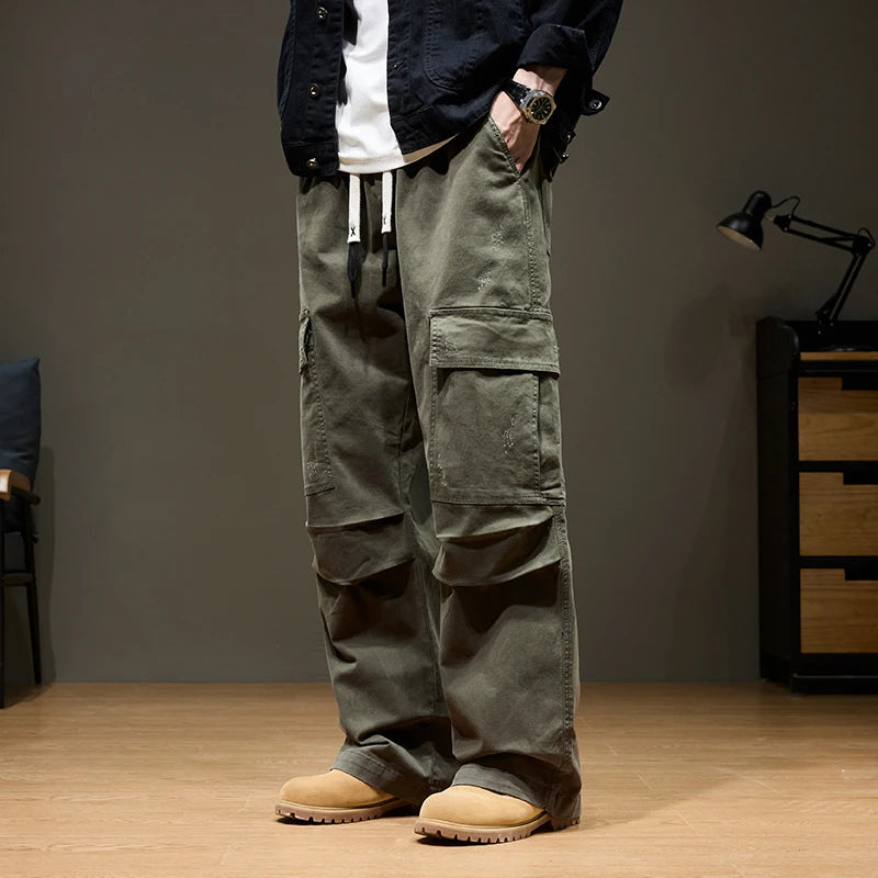 Baggy Wide-leg Cargo Pants Men's 100% Cotton Multi-pocket Splicing Outdoor Loose Straight Autumn Trousers Fashion Streetwear