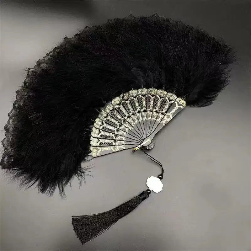 Black feather fan, 1920s hand fan, lace retro feather fan, lace feather fan, 1920s women's clothing, dance performance, wedding