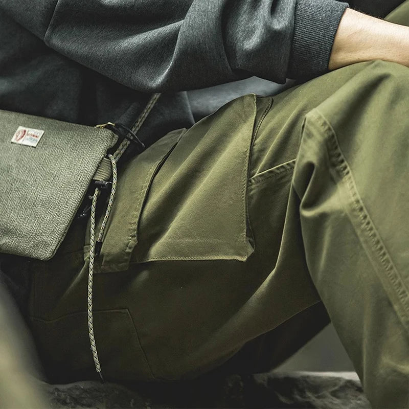 Men's vintage British Royal Navy pants, pure cotton tapered cargo pants, all-season casual large-pocket straight-cut long pants