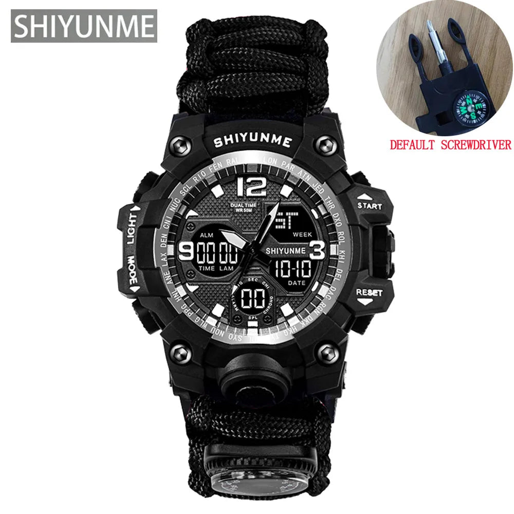 SHIYUNME Outdoor Men Military Quartz Watch Waterproof Multifunctional Survival Tactical Watch Compass Sport LED Digital Watches