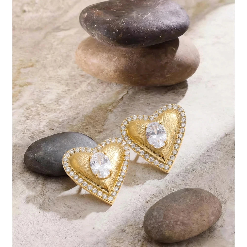 Yhpup High Quality Stainless Steel Cubic Zirconia Heart Love Stud Earrings Valentine's Day Gift Delicate Charm Aesthetic Jewelry