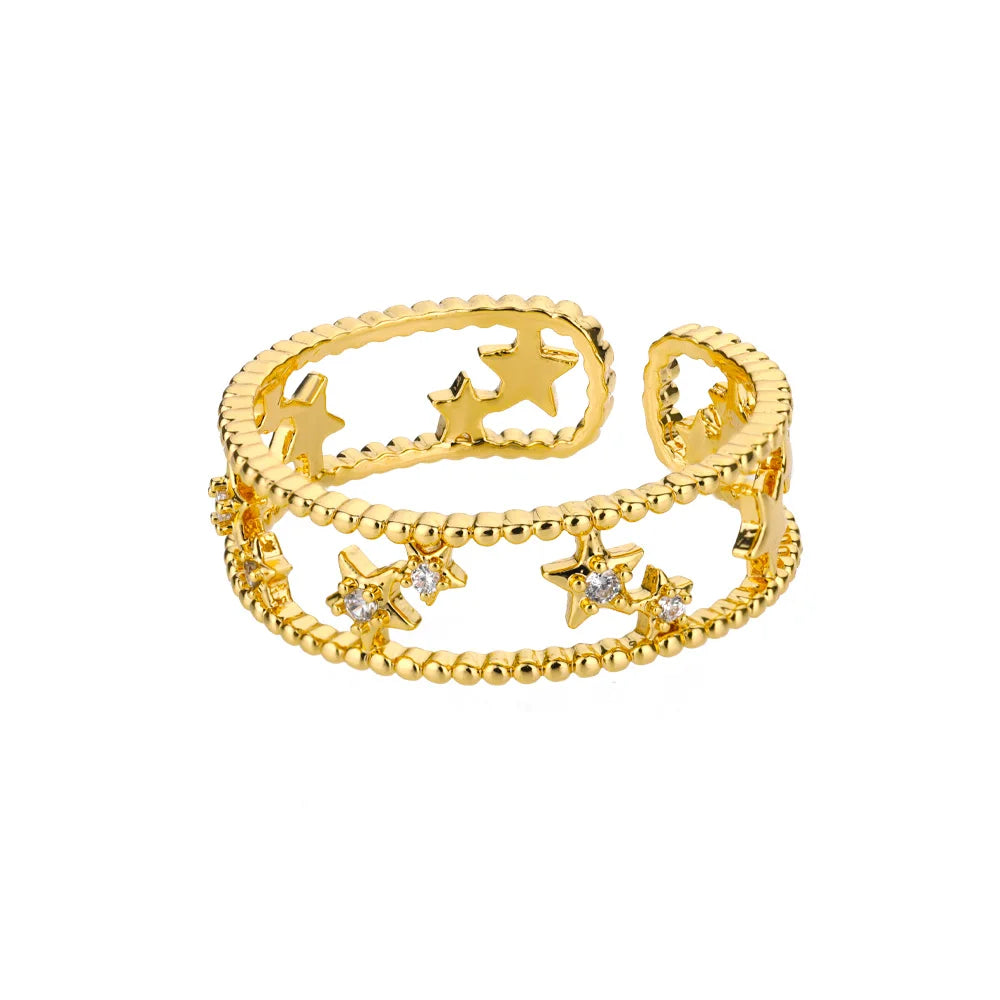 Zircon Double Star Rings For Women Gold Color Stainless Steel Opening Stars Finger Ring Wedding Party Aesthetic Jewelry Gift